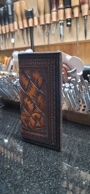 Mahogany and black roper wallet with large hand cut basket pattern
